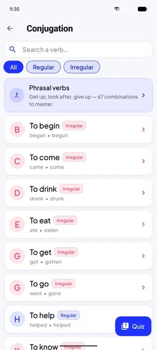 The conjugation trainer listing verbs with their past and participle forms