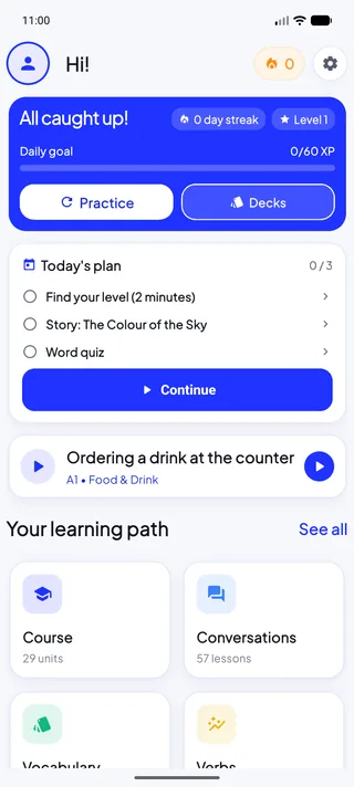 The Lernela home screen showing today's plan, a daily goal and the learning path